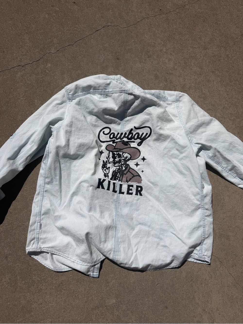 Upcylcled  Light Blue Button Down Shirt with 'Cowboy Killer' Graphic